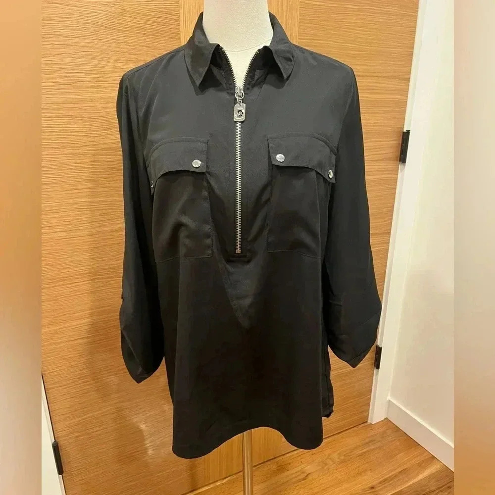 Michael Kors Half Zip Tunic Shirt Womens, Black Roll Tab Sleeves, Medium